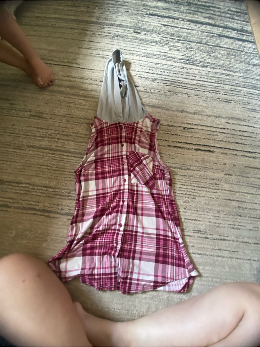 No Boundaries Pink Plaid Tank with Gray Hood